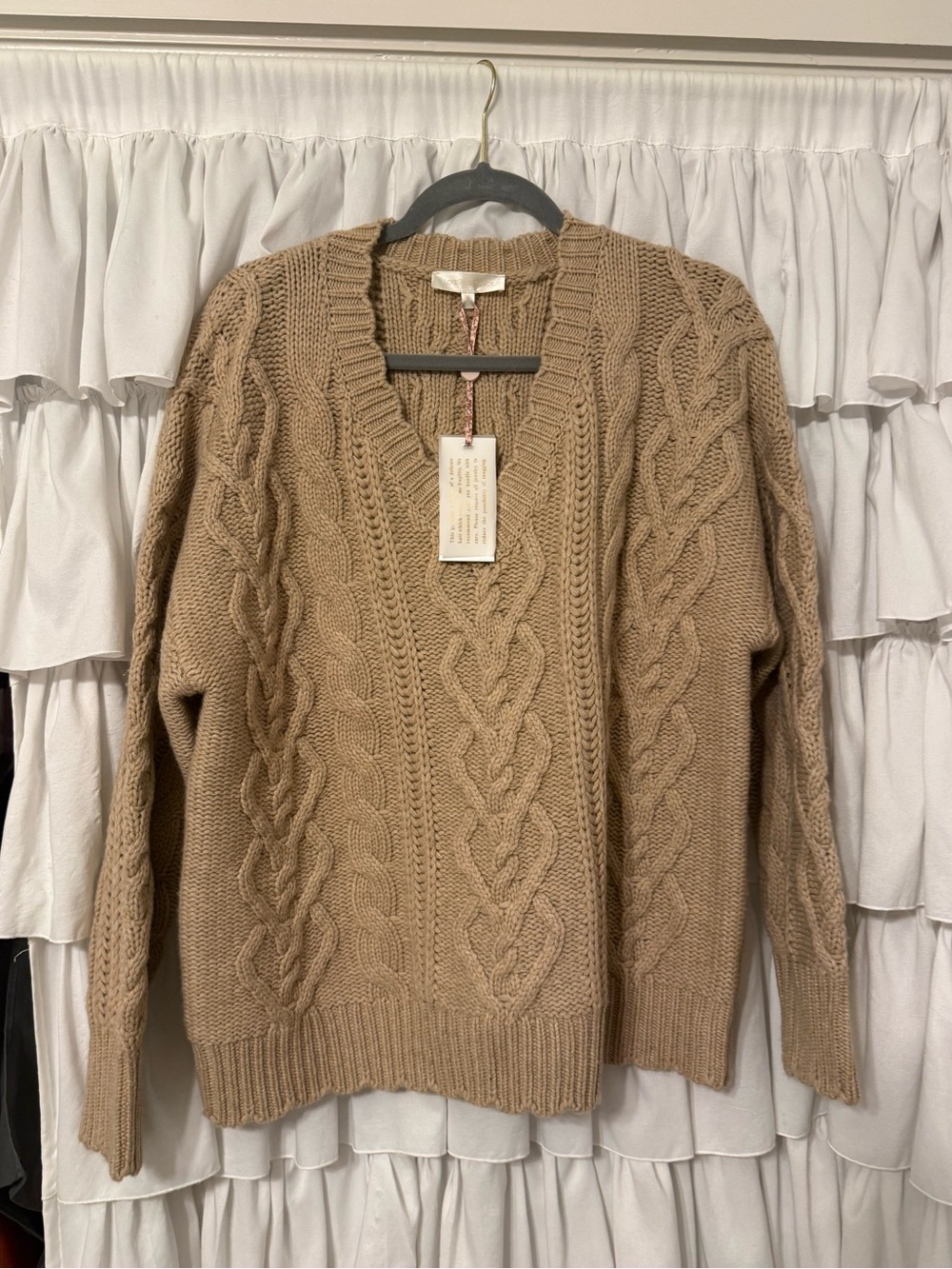 LoveShackFancy Cable Knit V-Neck Tan Sweater